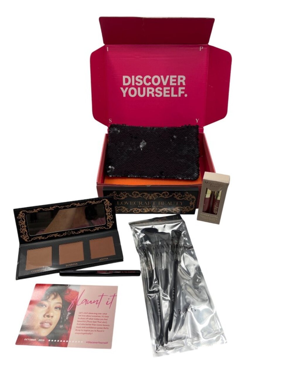 Black Sequin Makeup Bag & Cosmetics Set  Lovecraft Beauty Palette/Farah Brushes